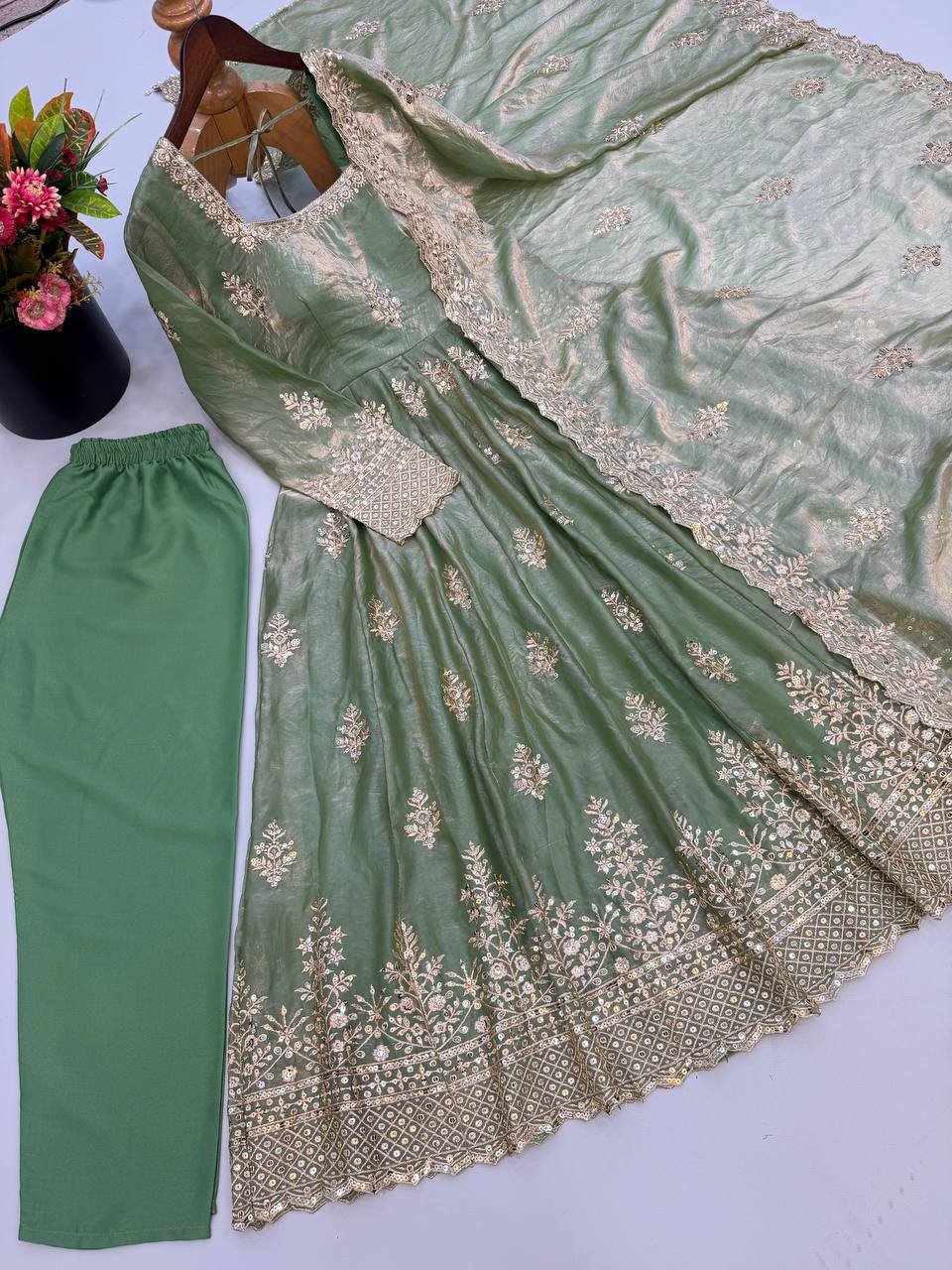 Mahira Exclusive Designer Fendy Silk Gown with Heavy Sequin Embroidery Work Dupatta & Pant