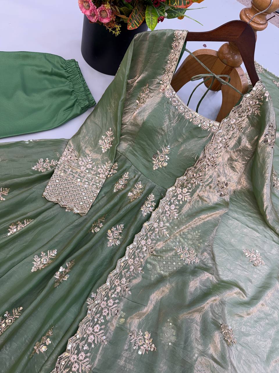Mahira Exclusive Designer Fendy Silk Gown with Heavy Sequin Embroidery Work Dupatta & Pant