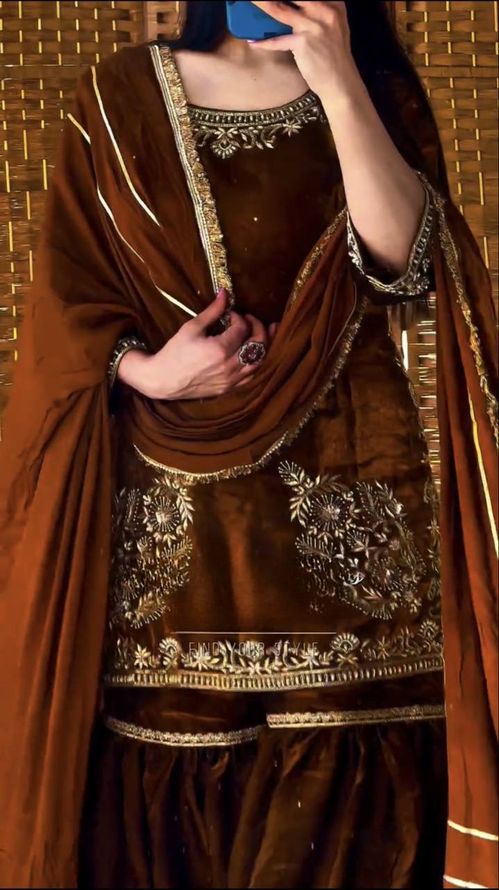 Mahira Natural Crepe Sequin Embroidered Sharara Palazzo Set