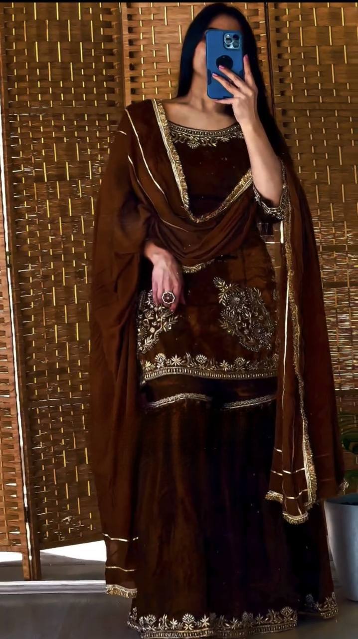 Mahira Natural Crepe Sequin Embroidered Sharara Palazzo Set