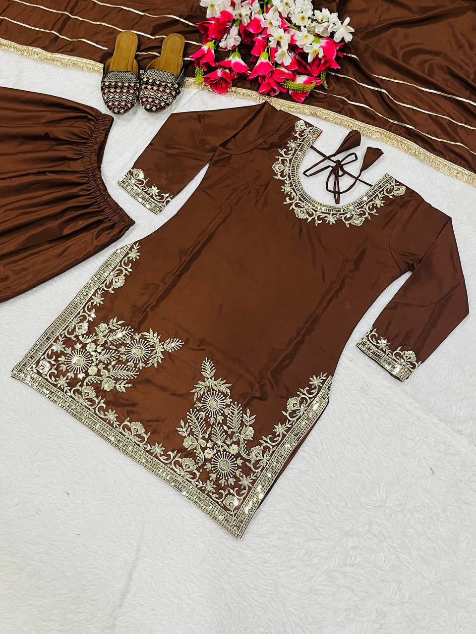 Mahira Natural Crepe Sequin Embroidered Sharara Palazzo Set