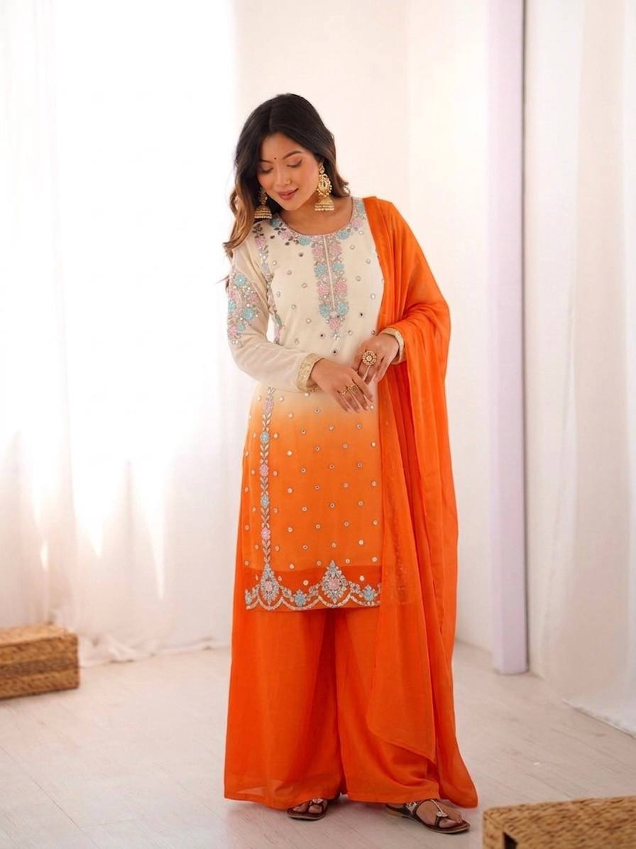 Aaralina Heavy Faux Georgette Sequins Embroidered Palazzo Suit with Dupatta