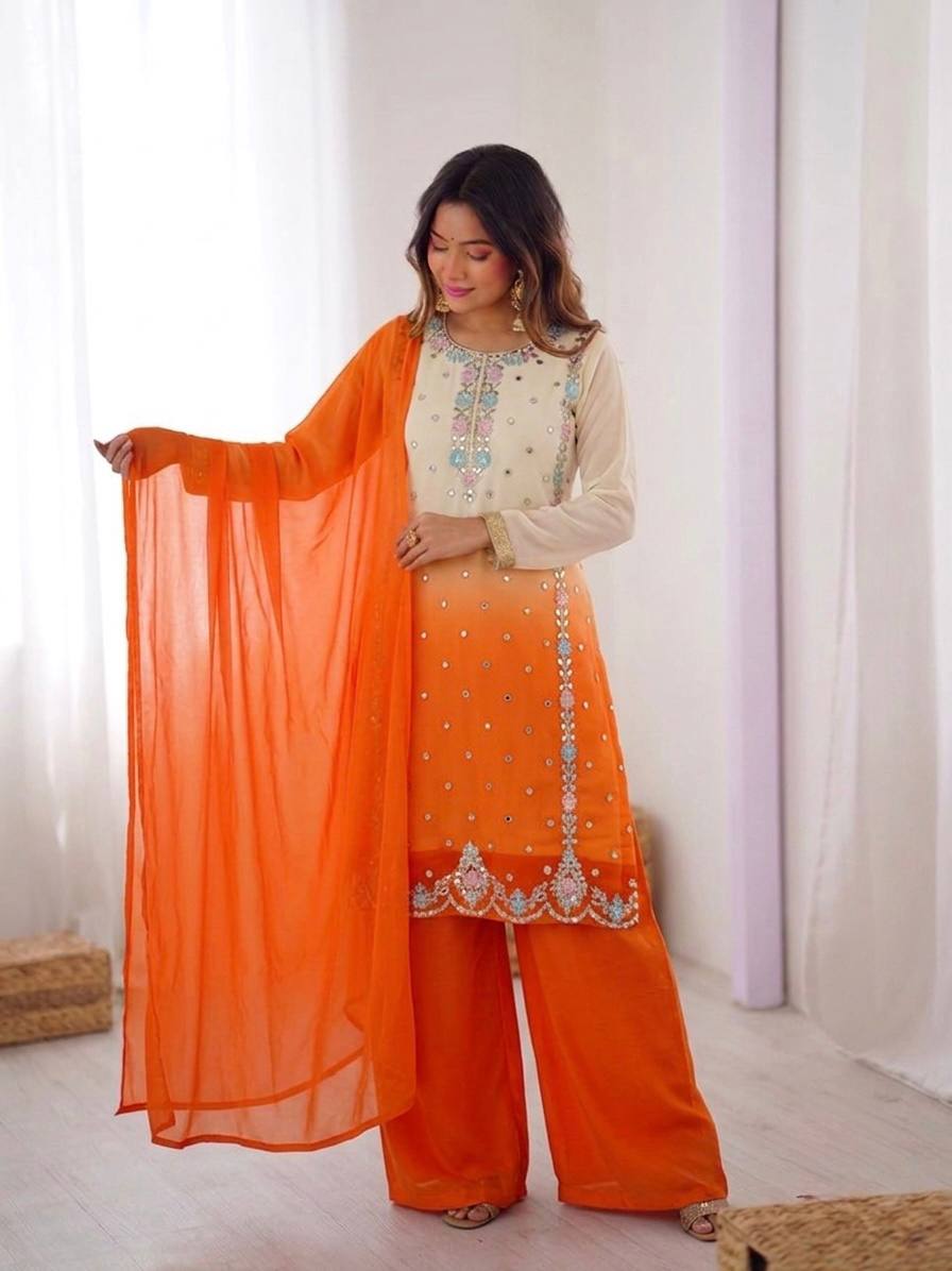 Aaralina Heavy Faux Georgette Sequins Embroidered Palazzo Suit with Dupatta