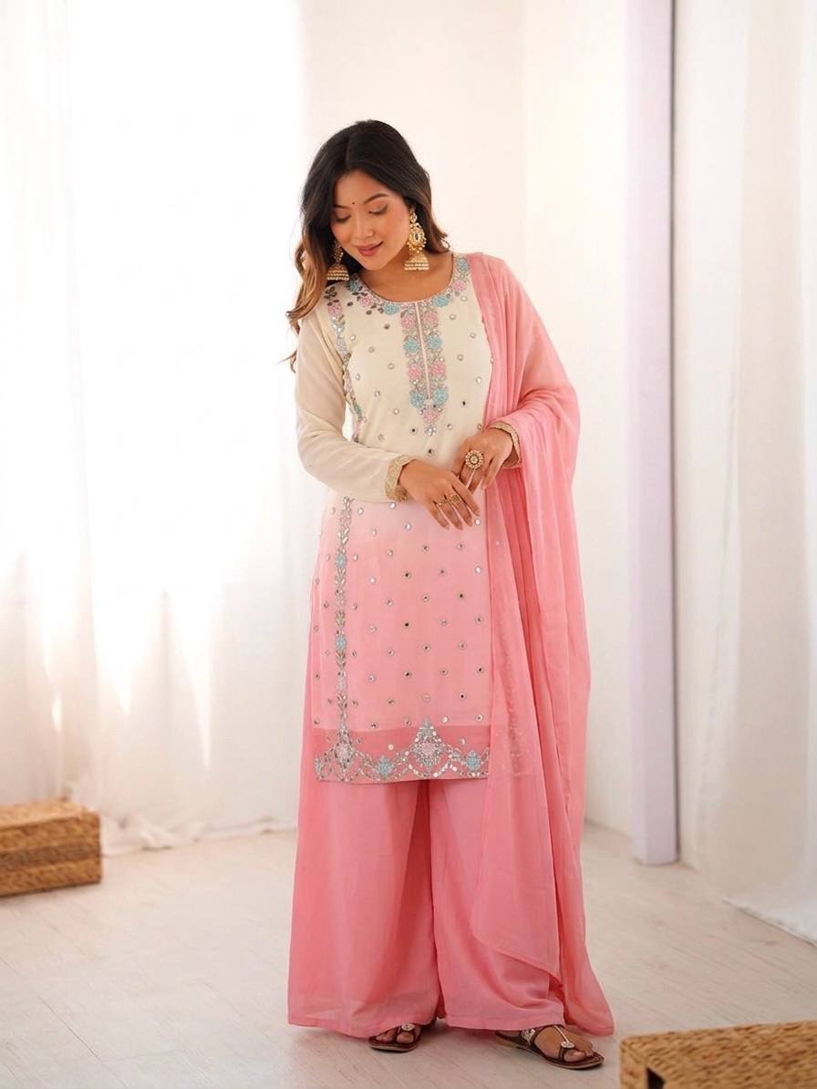 Aaralina Heavy Faux Georgette Sequins Embroidered Palazzo Suit with Dupatta