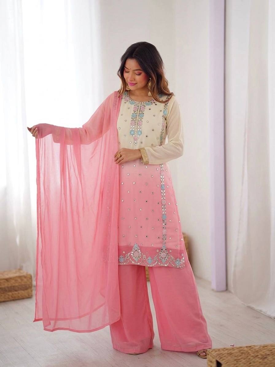 Aaralina Heavy Faux Georgette Sequins Embroidered Palazzo Suit with Dupatta