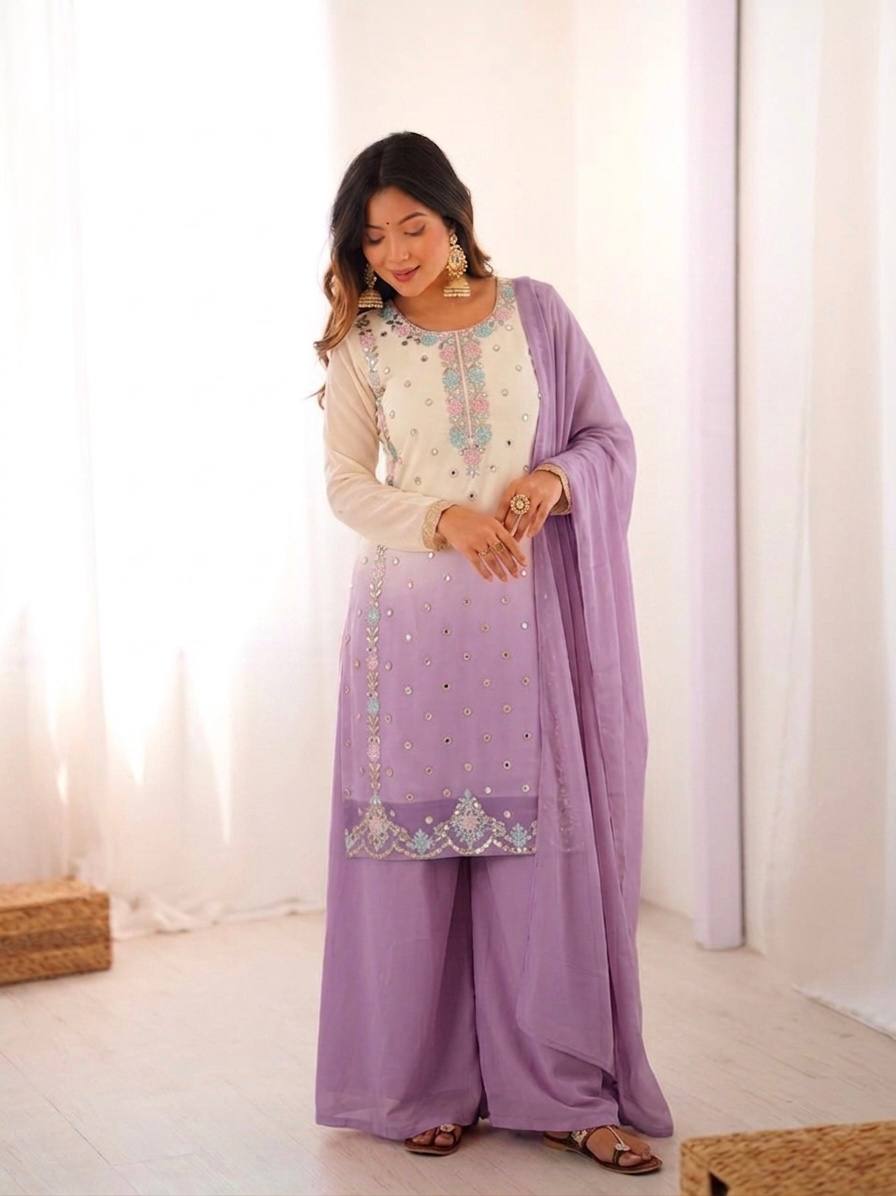 Aaralina Heavy Faux Georgette Sequins Embroidered Palazzo Suit with Dupatta