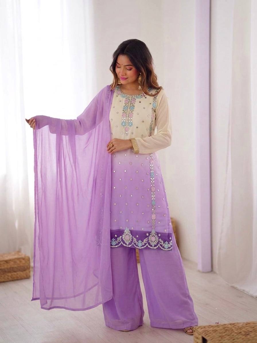 Aaralina Heavy Faux Georgette Sequins Embroidered Palazzo Suit with Dupatta