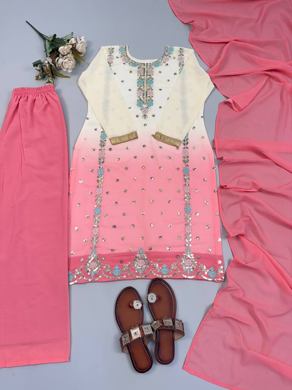 Aaralina Heavy Faux Georgette Sequins Embroidered Palazzo Suit with Dupatta