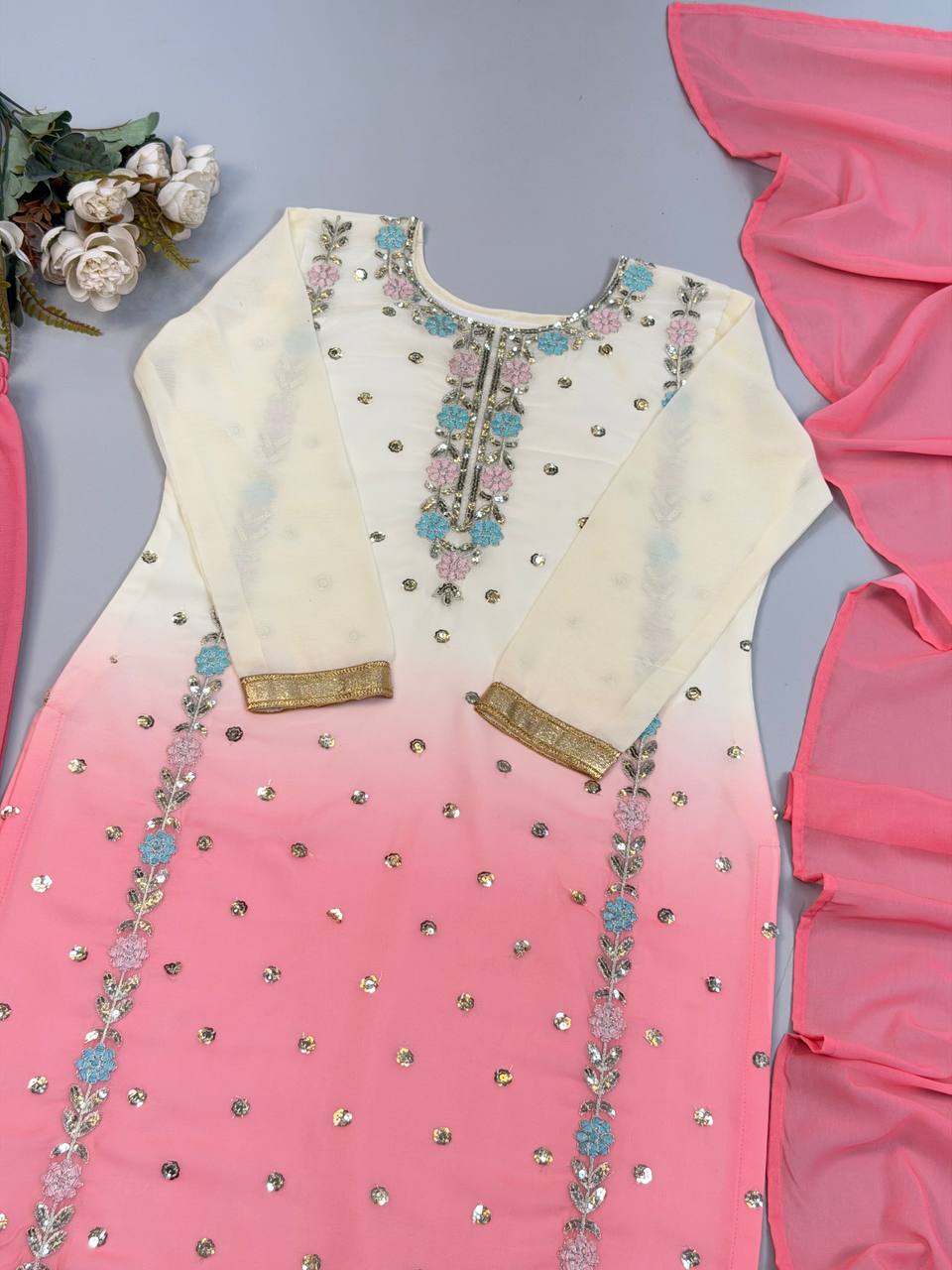 Aaralina Heavy Faux Georgette Sequins Embroidered Palazzo Suit with Dupatta