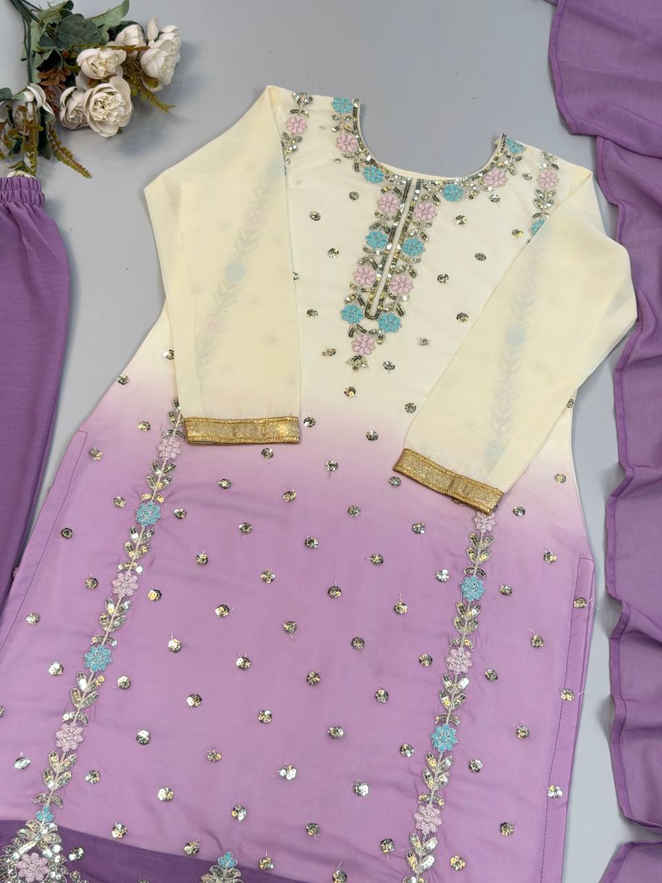Aaralina Heavy Faux Georgette Sequins Embroidered Palazzo Suit with Dupatta