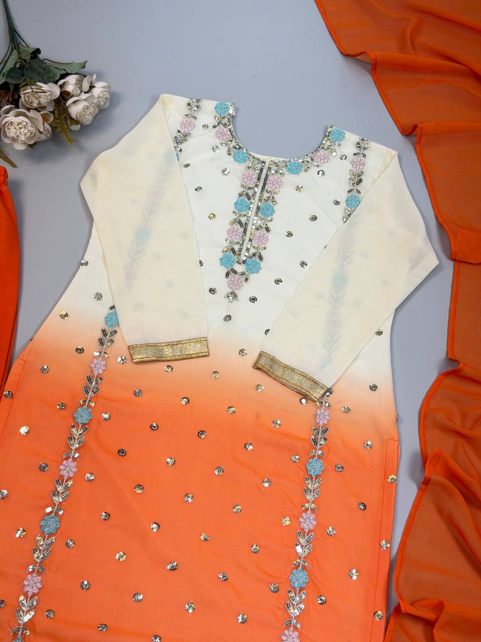 Aaralina Heavy Faux Georgette Sequins Embroidered Palazzo Suit with Dupatta