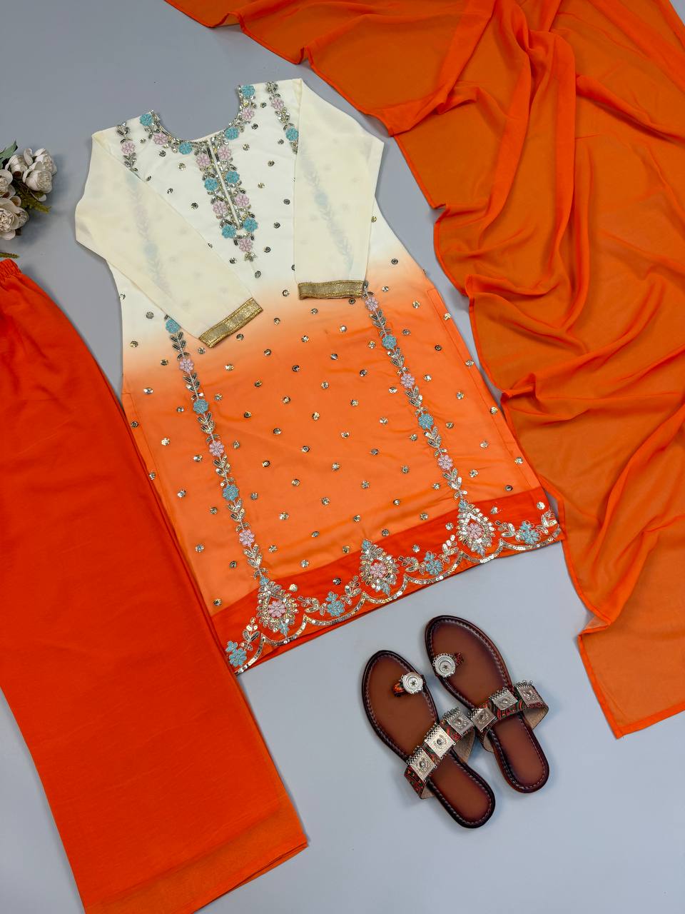 Aaralina Heavy Faux Georgette Sequins Embroidered Palazzo Suit with Dupatta
