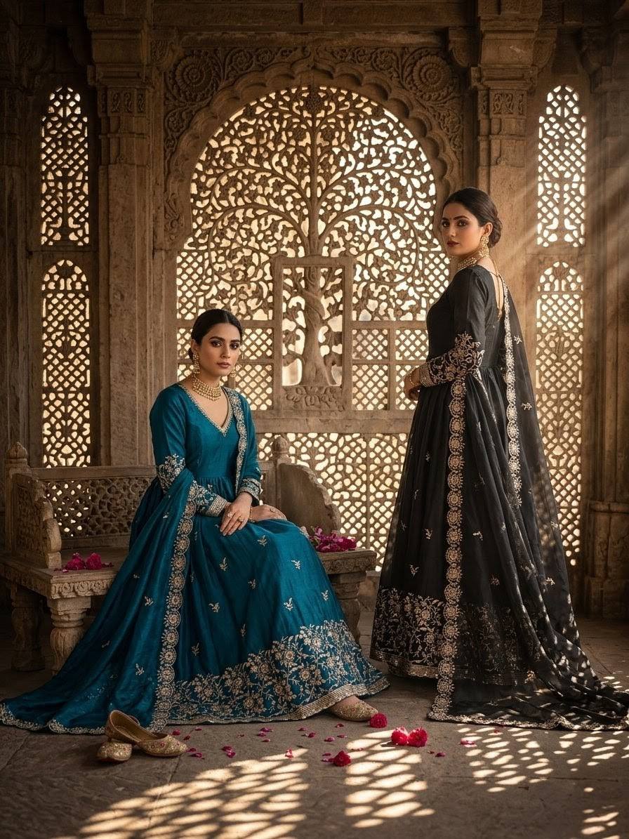 Vaanika Fendy Satin Silk Sequins Embroidered Gown with Pant & Dupatta