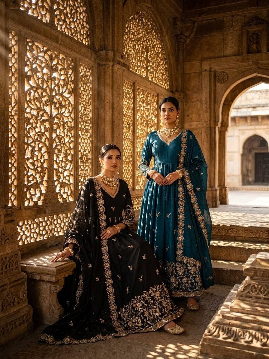 Vaanika Fendy Satin Silk Sequins Embroidered Gown with Pant & Dupatta
