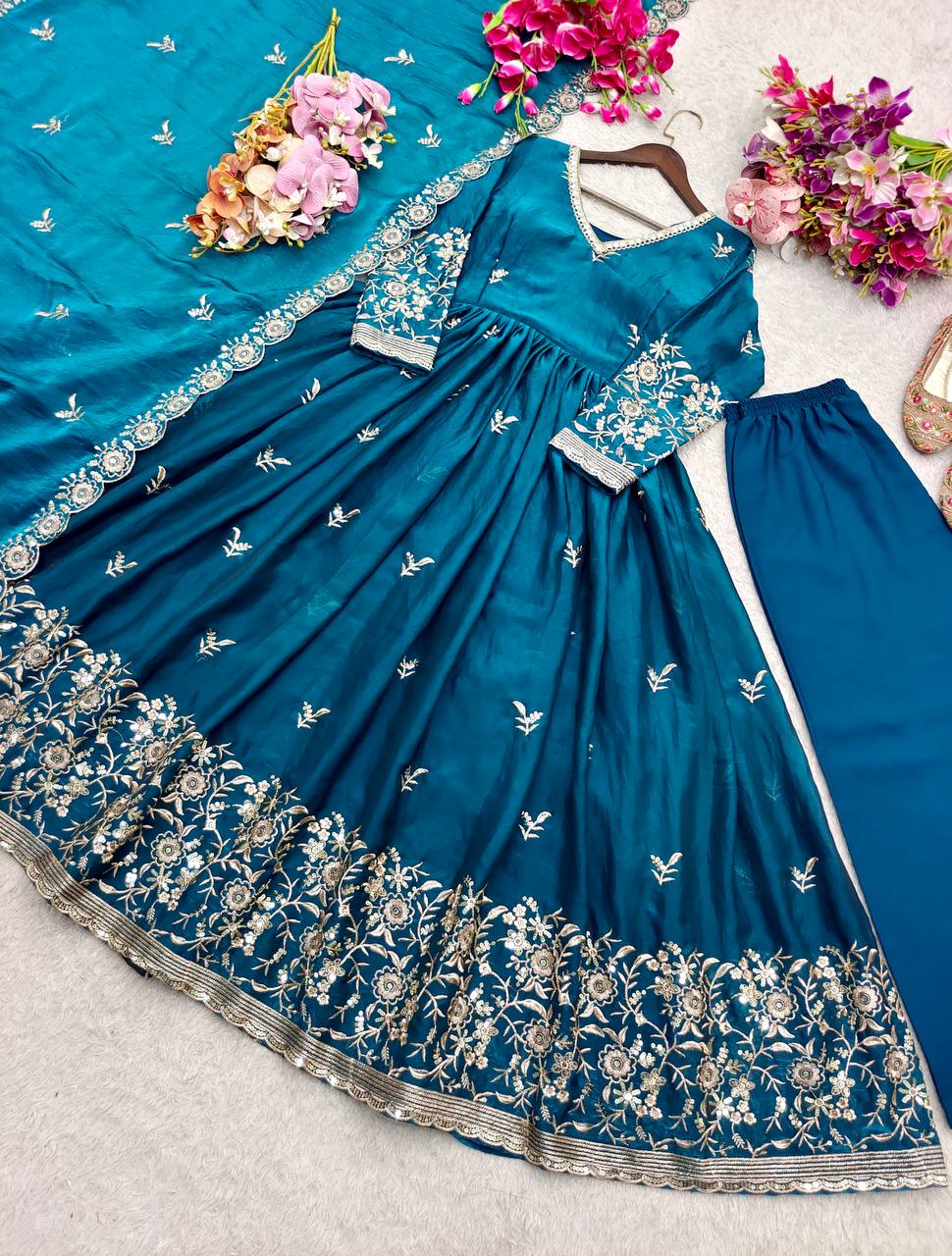 Vaanika Fendy Satin Silk Sequins Embroidered Gown with Pant & Dupatta