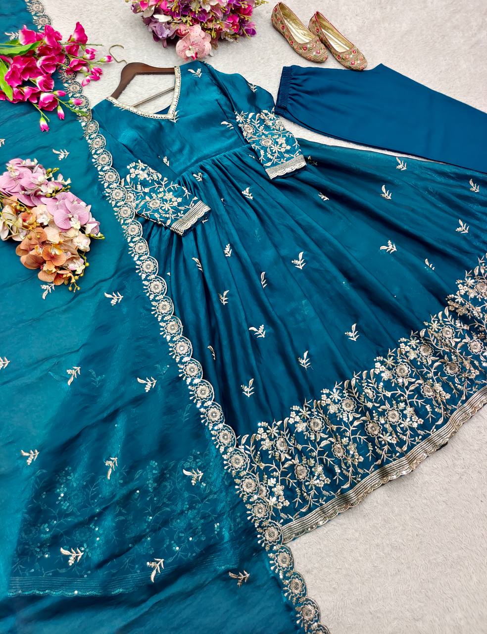 Vaanika Fendy Satin Silk Sequins Embroidered Gown with Pant & Dupatta