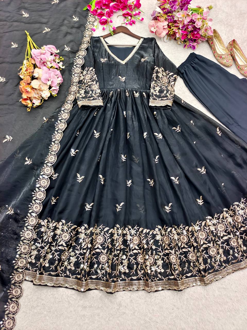 Vaanika Fendy Satin Silk Sequins Embroidered Gown with Pant & Dupatta