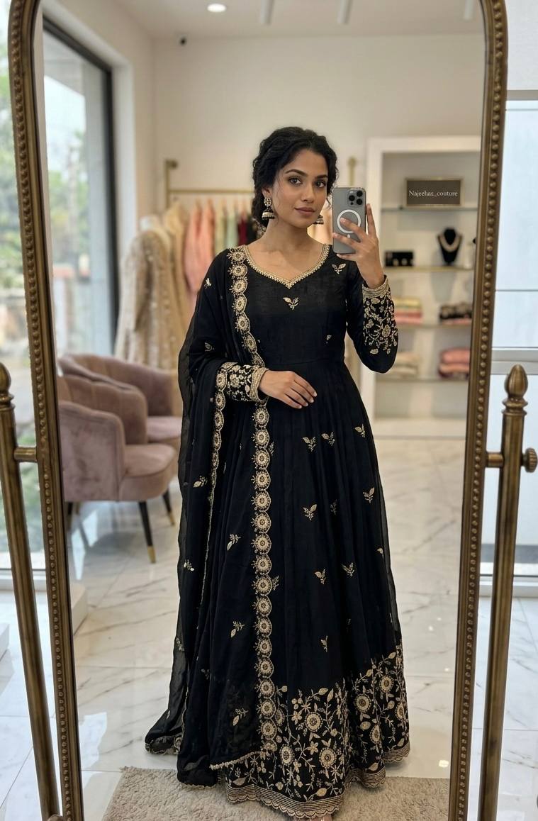 Vaanika Fendy Satin Silk Sequins Embroidered Gown with Pant & Dupatta