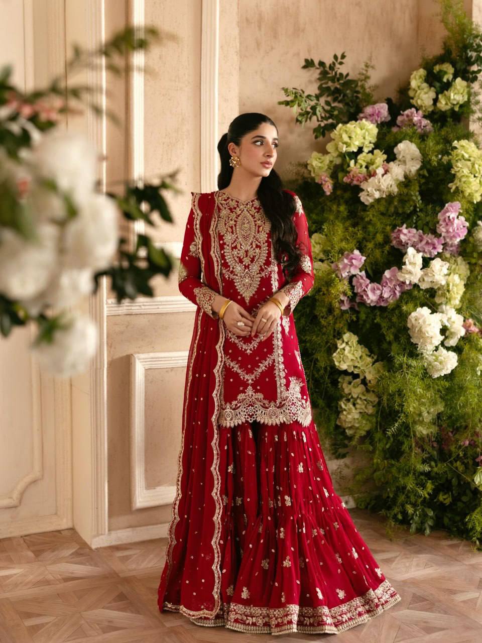 Vaidehi Faux Georgette Thread & Sequence Embroidered Kurti with Palazzo & Dupatta Set
