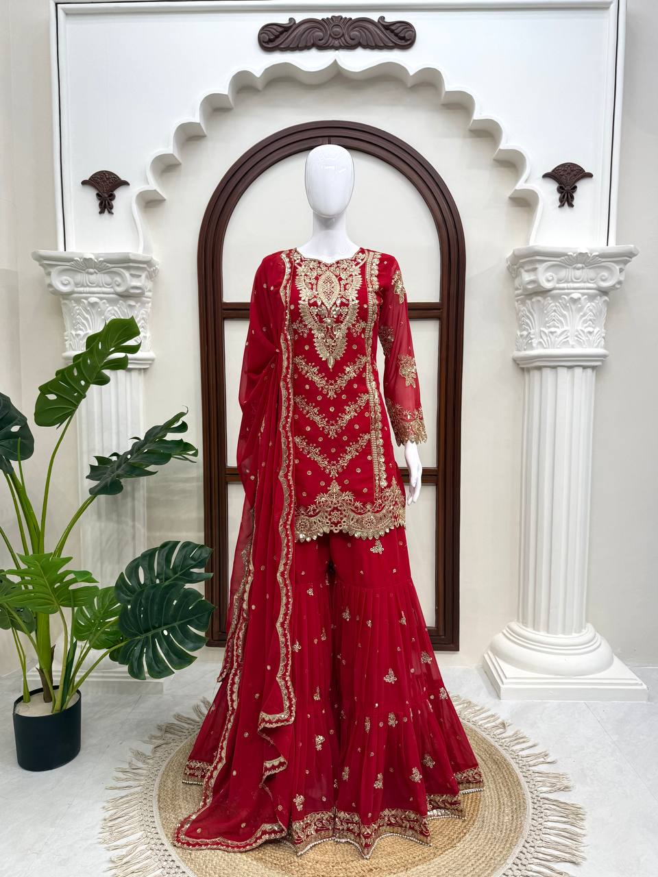 Vaidehi Faux Georgette Thread & Sequence Embroidered Kurti with Palazzo & Dupatta Set