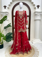 Vaidehi Faux Georgette Thread & Sequence Embroidered Kurti with Palazzo & Dupatta Set