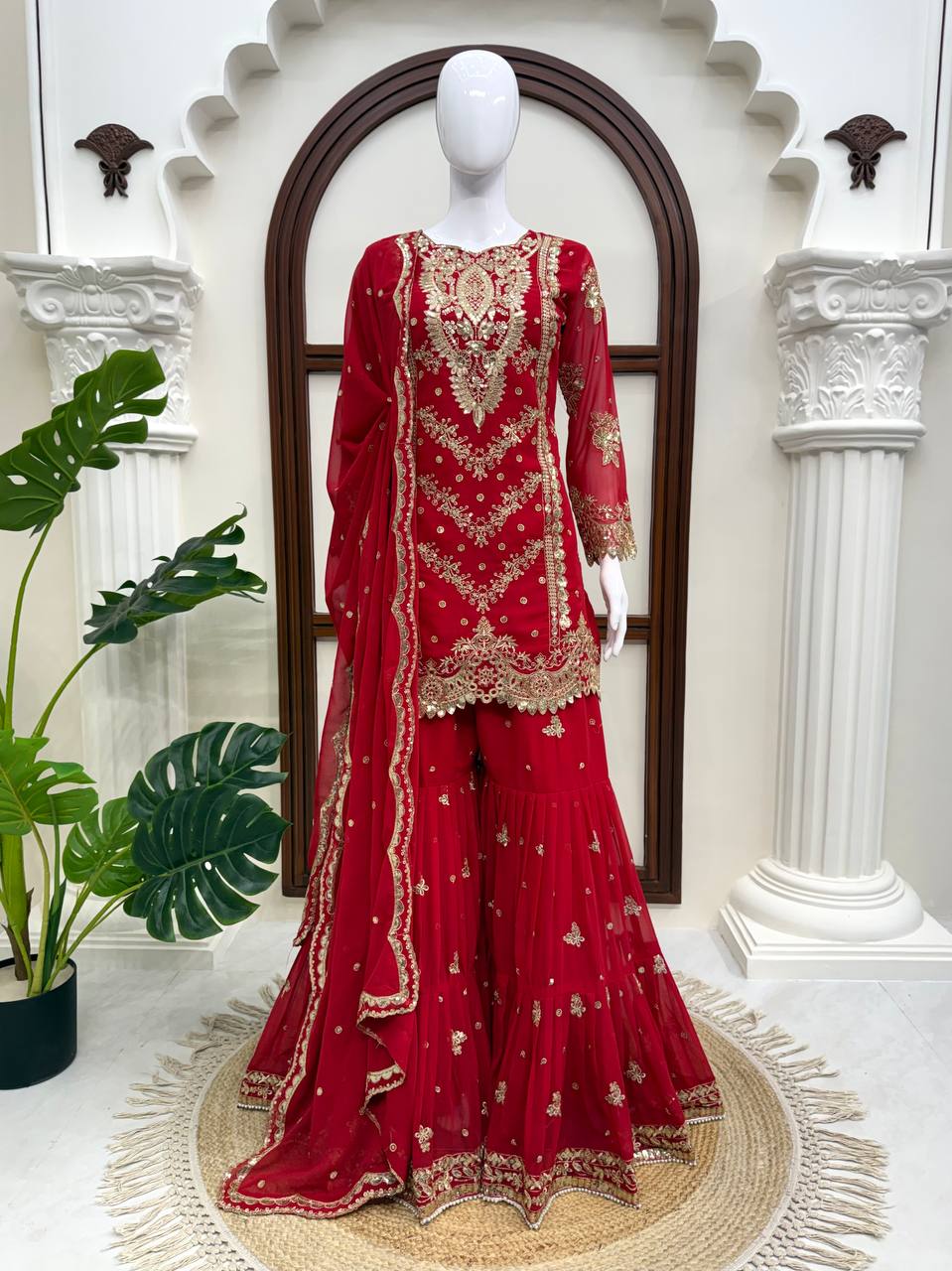 Vaidehi Faux Georgette Thread & Sequence Embroidered Kurti with Palazzo & Dupatta Set