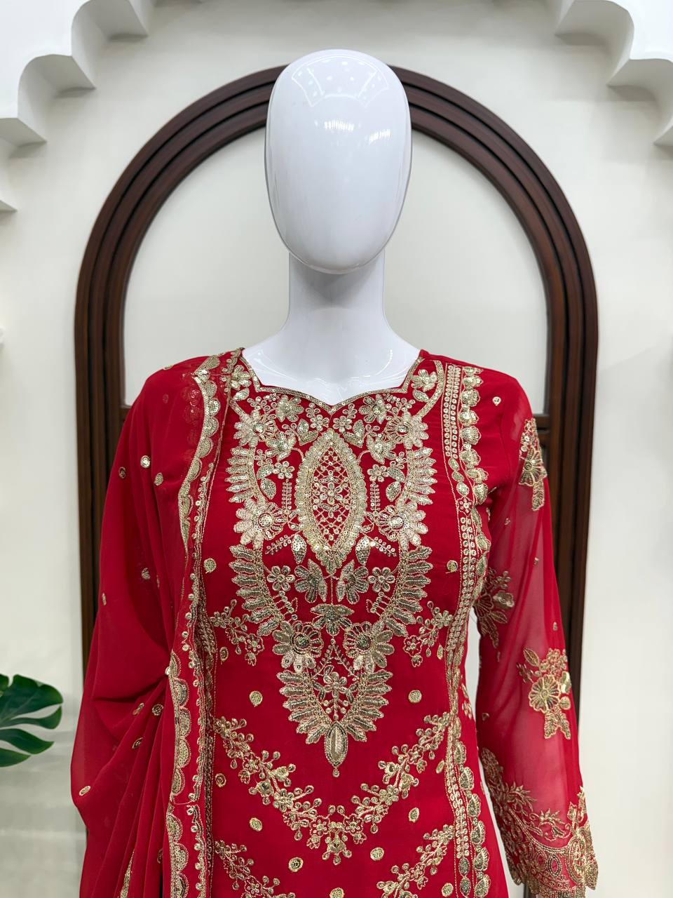 Vaidehi Faux Georgette Thread & Sequence Embroidered Kurti with Palazzo & Dupatta Set