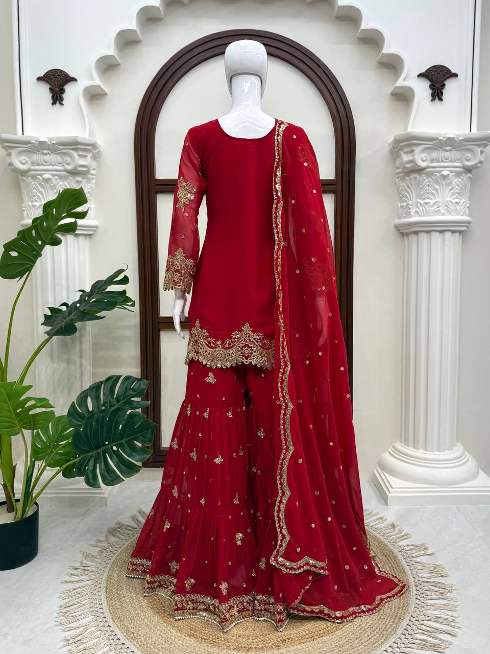 Vaidehi Faux Georgette Thread & Sequence Embroidered Kurti with Palazzo & Dupatta Set