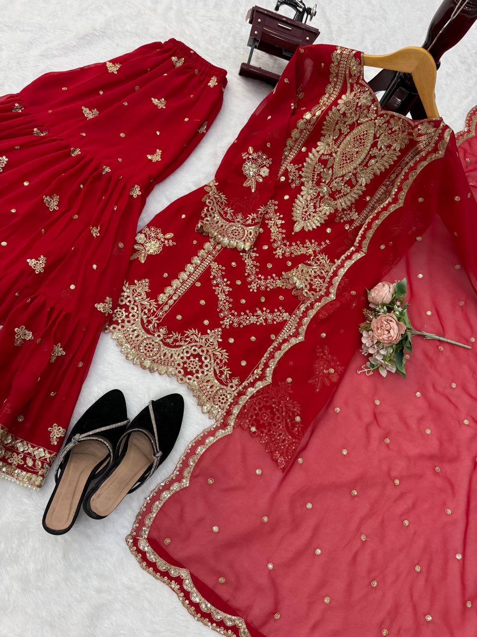 Vaidehi Faux Georgette Thread & Sequence Embroidered Kurti with Palazzo & Dupatta Set