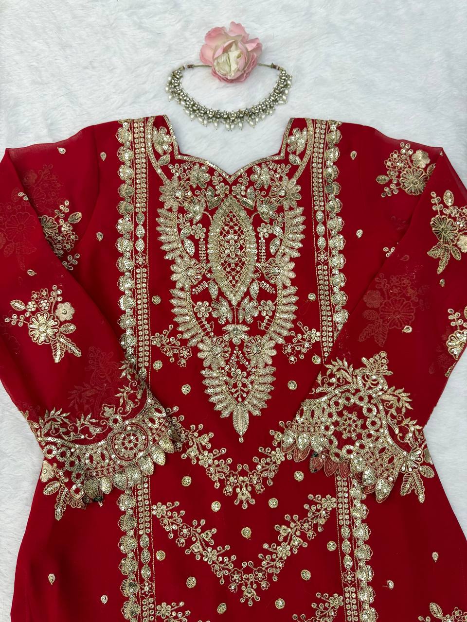 Vaidehi Faux Georgette Thread & Sequence Embroidered Kurti with Palazzo & Dupatta Set