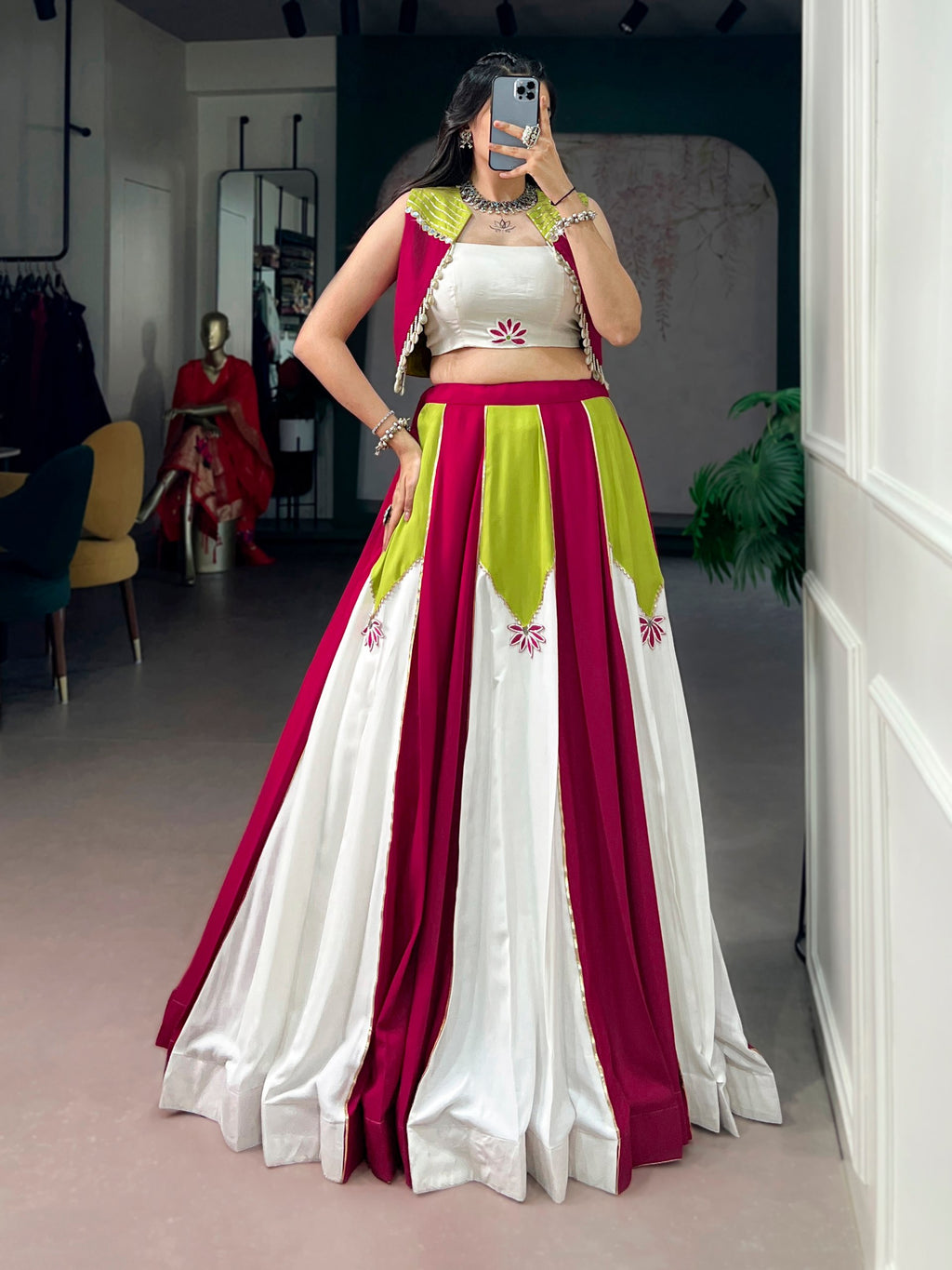 Rangjyot Pure Rayon Contrast Panel Navratri Lehenga with Blouse & Koti Set