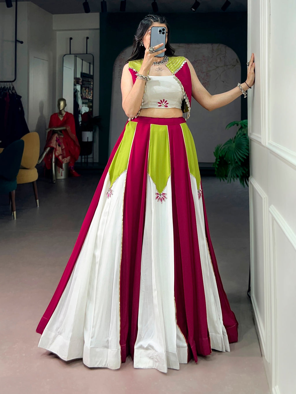 Rangjyot Pure Rayon Contrast Panel Navratri Lehenga with Blouse & Koti Set