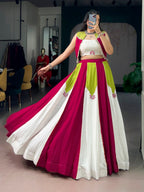 Rangjyot Pure Rayon Contrast Panel Navratri Lehenga with Blouse & Koti Set