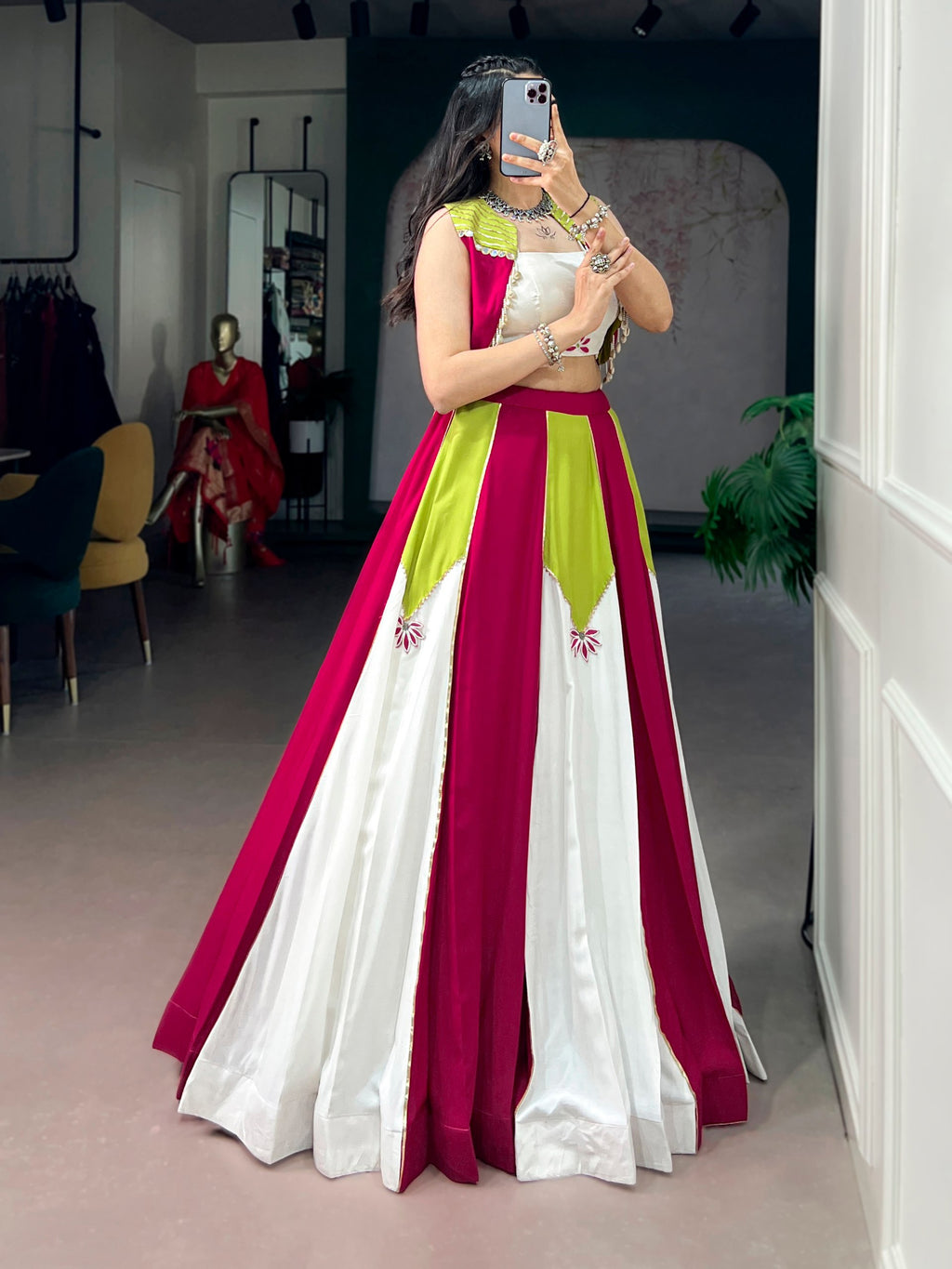 Rangjyot Pure Rayon Contrast Panel Navratri Lehenga with Blouse & Koti Set