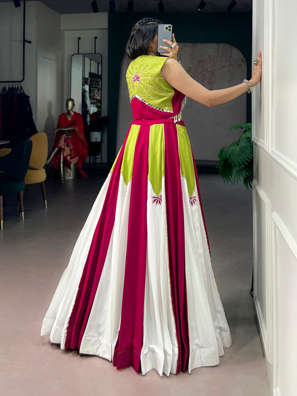 Rangjyot Pure Rayon Contrast Panel Navratri Lehenga with Blouse & Koti Set