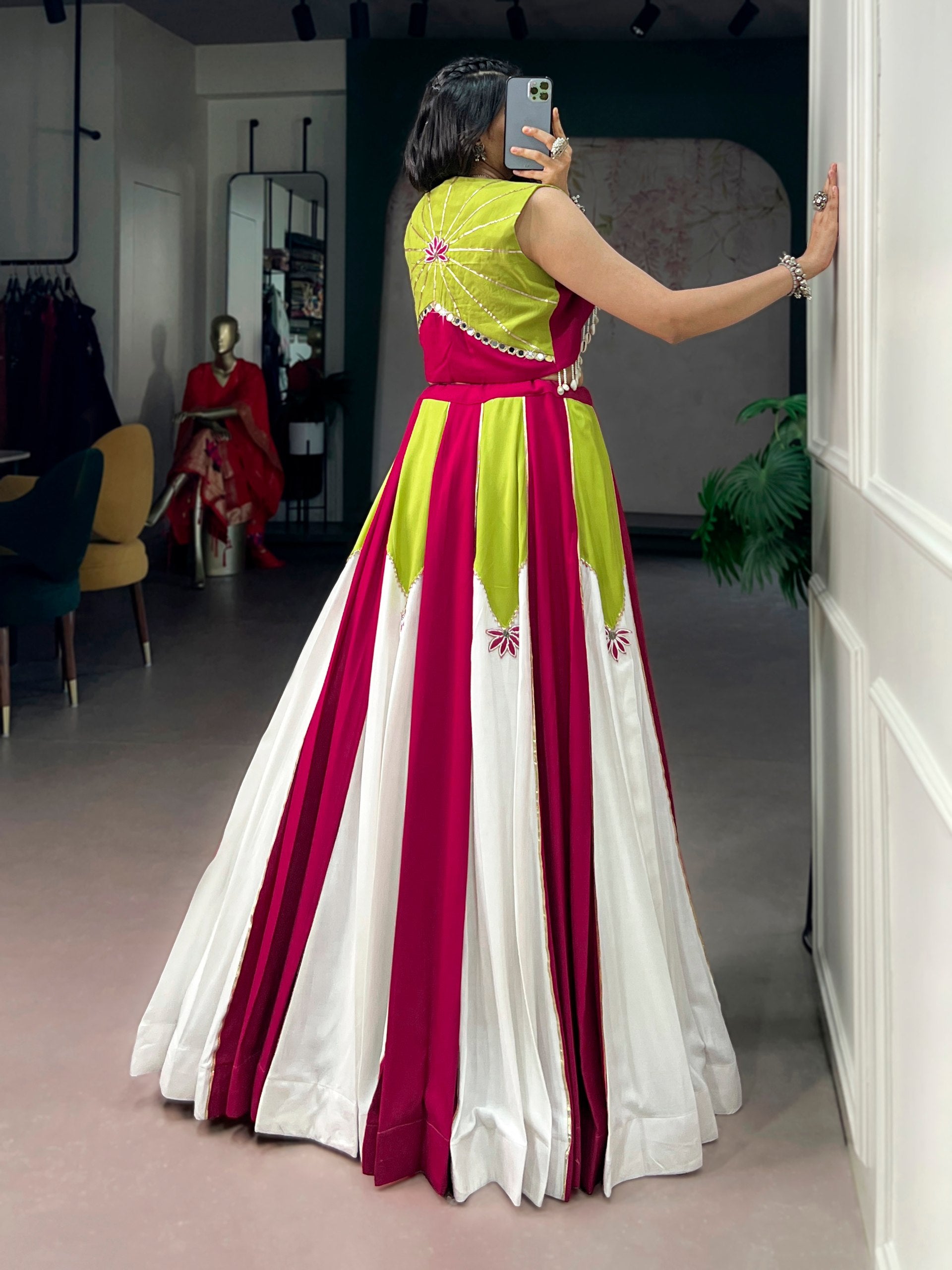 Rangjyot Pure Rayon Contrast Panel Navratri Lehenga with Blouse & Koti Set