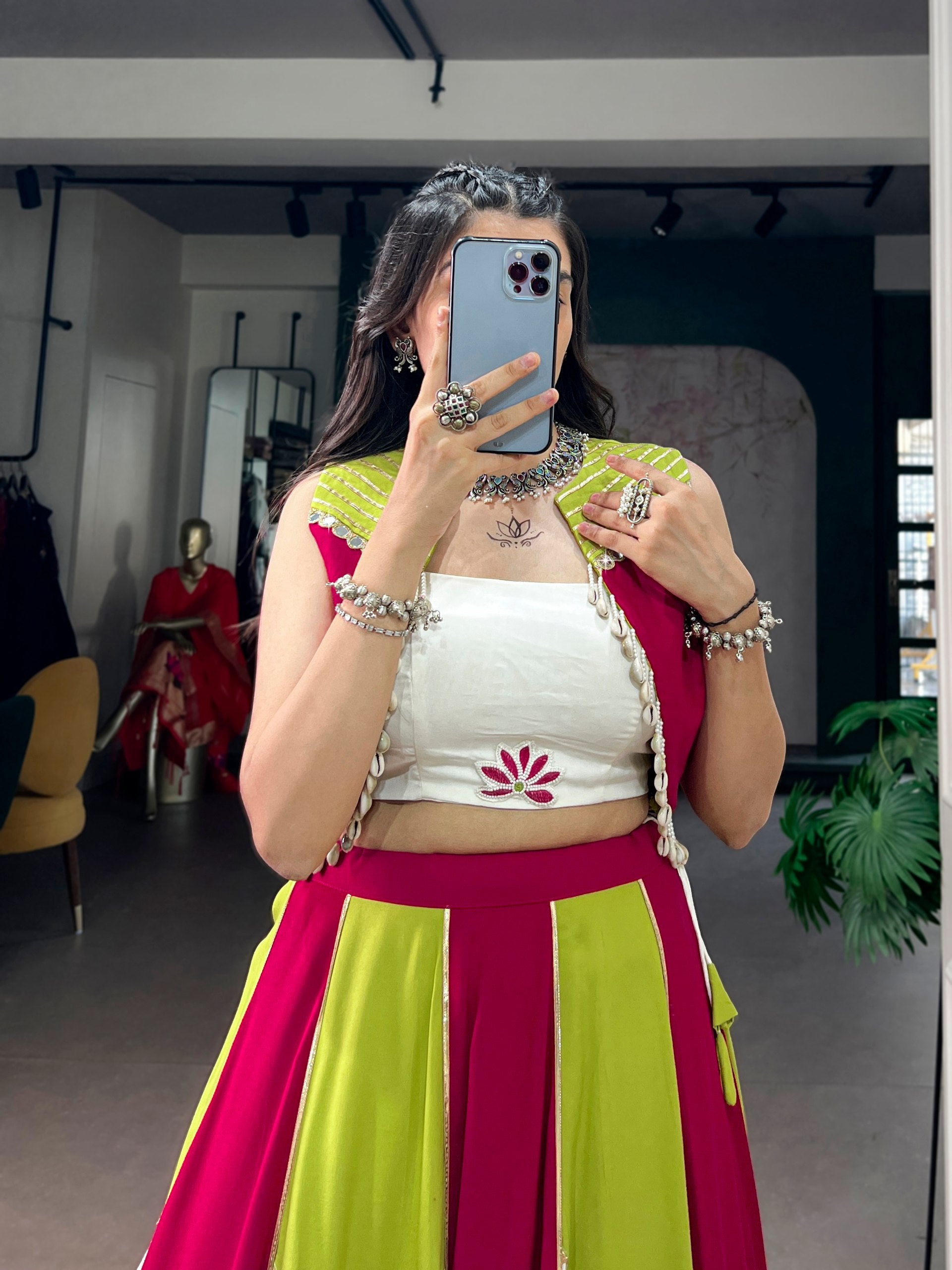 Rangjyot Pure Rayon Contrast Panel Navratri Lehenga with Blouse & Koti Set