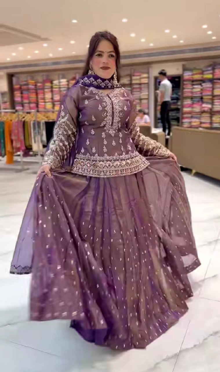 Designer Simmer Silk Lehenga Choli with Sequins, Zari & Moti Work