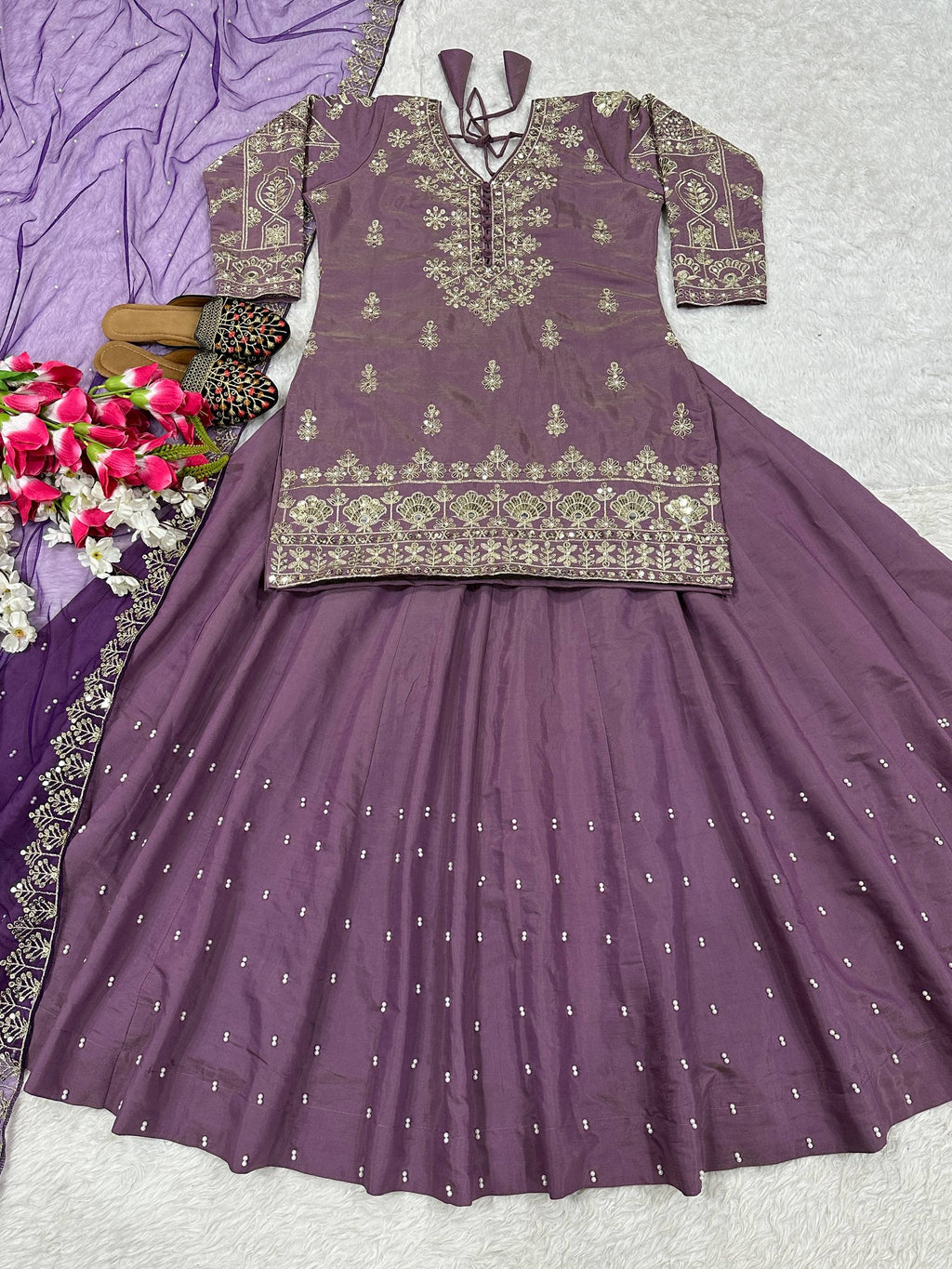 Designer Simmer Silk Lehenga Choli with Sequins, Zari & Moti Work