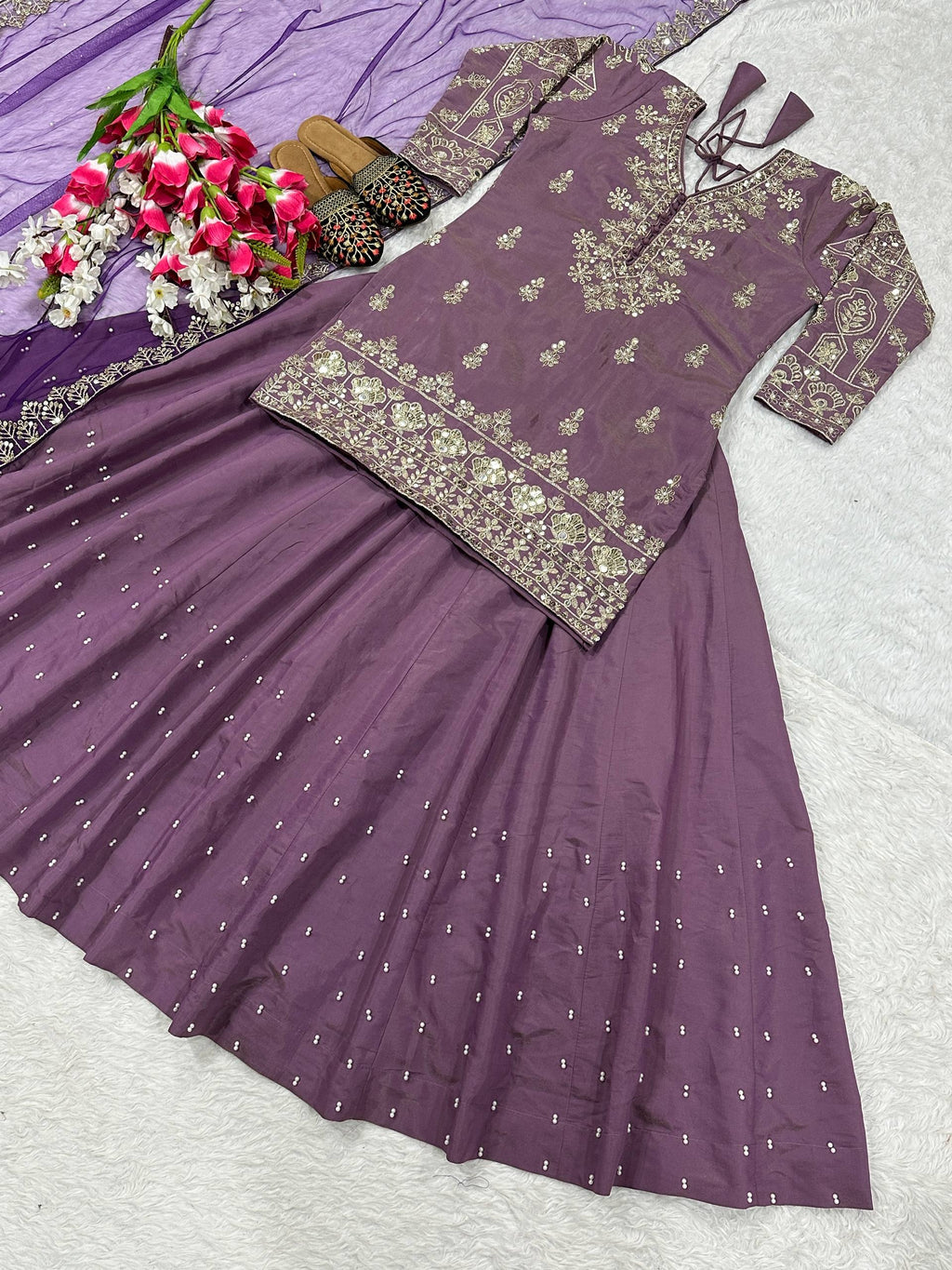 Designer Simmer Silk Lehenga Choli with Sequins, Zari & Moti Work