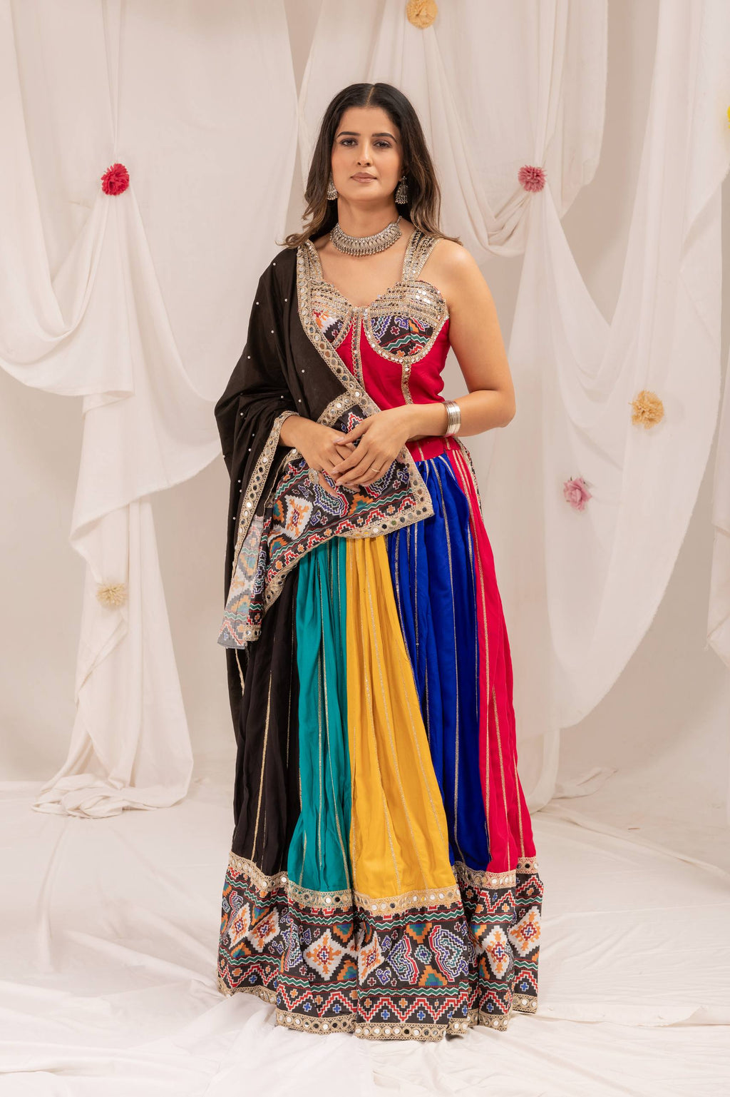 Navaratri 2026 Pure Rayon Lehenga Choli Set, Patola Print & Real Mirror Work, Embroidered Garba Outfit, Ready to Wear Festive Dress