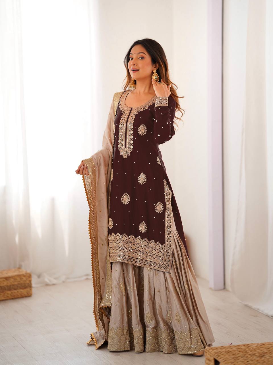 Pearl Elegance Chinon Silk Embroidered Sharara Set with Dupatta