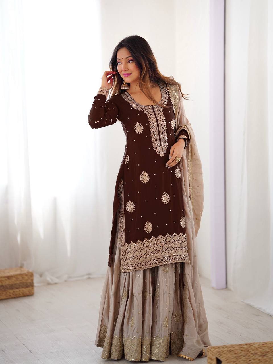 Pearl Elegance Chinon Silk Embroidered Sharara Set with Dupatta