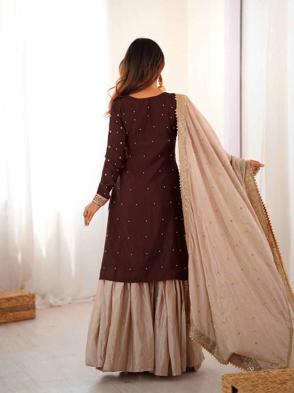Pearl Elegance Chinon Silk Embroidered Sharara Set with Dupatta