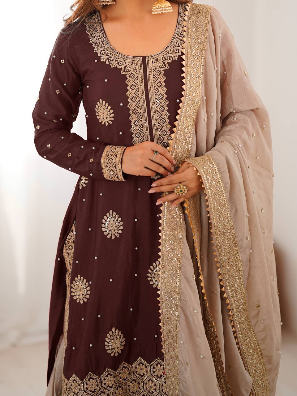 Pearl Elegance Chinon Silk Embroidered Sharara Set with Dupatta