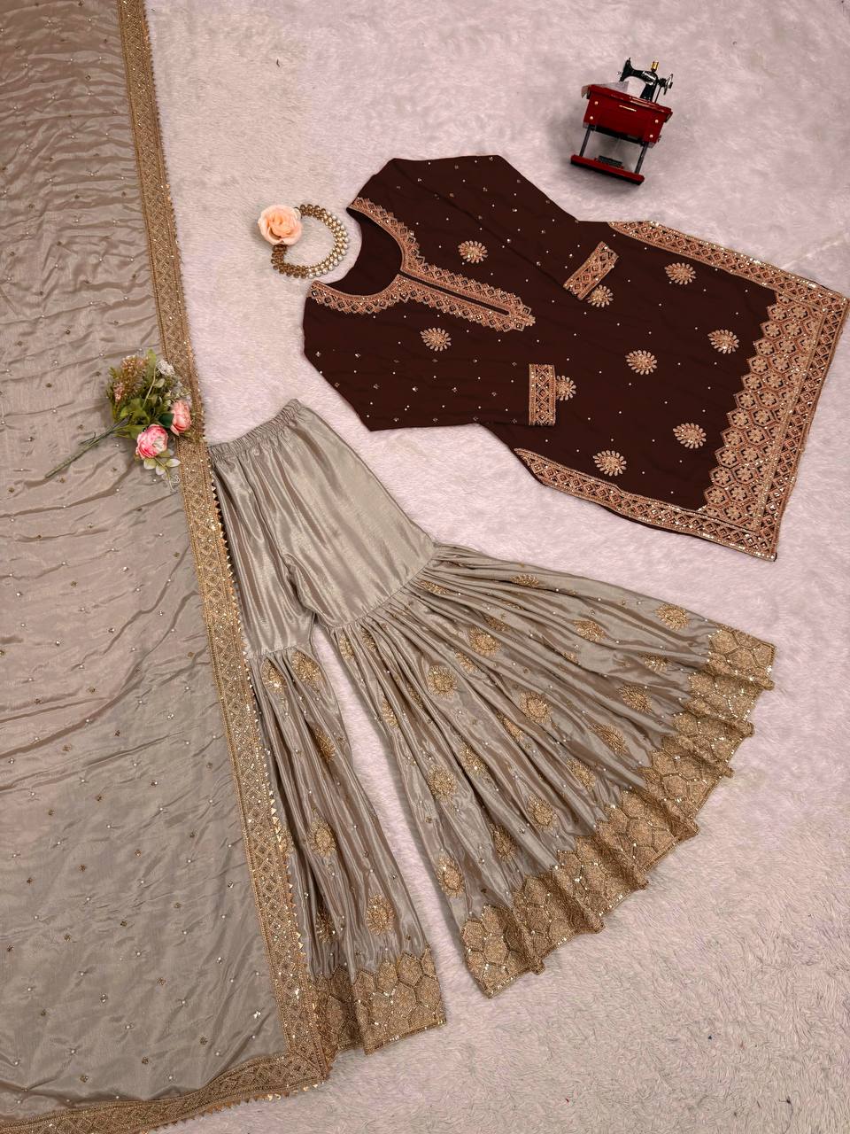 Pearl Elegance Chinon Silk Embroidered Sharara Set with Dupatta