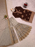Pearl Elegance Chinon Silk Embroidered Sharara Set with Dupatta