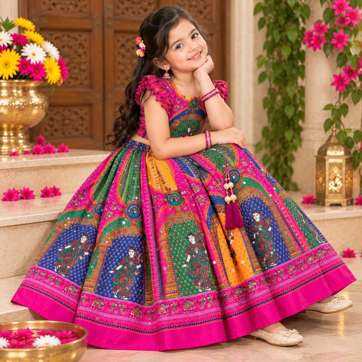 Navratri Designer Chinon Silk Lehenga Choli with Digital Print, Hand Mirror Work & Fancy Latkan Dori