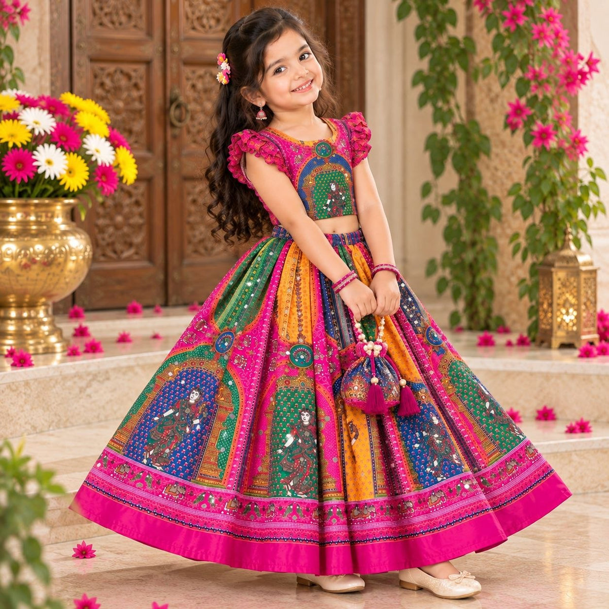 Navratri Designer Chinon Silk Lehenga Choli with Digital Print, Hand Mirror Work & Fancy Latkan Dori