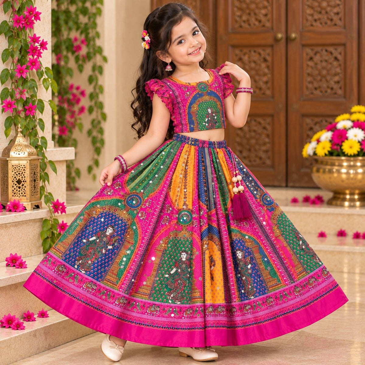 Navratri Designer Chinon Silk Lehenga Choli with Digital Print, Hand Mirror Work & Fancy Latkan Dori